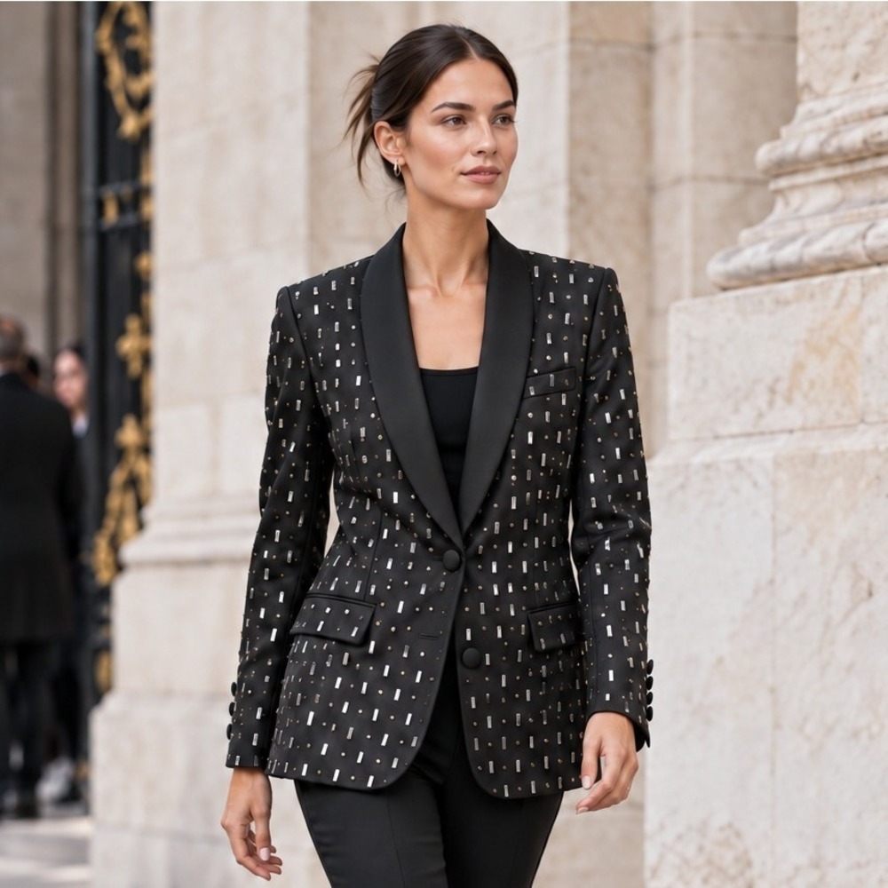 Valentino Tuxedo Blazer Black Embellished Studded Sequin Jacket Wool Silk Sz 2